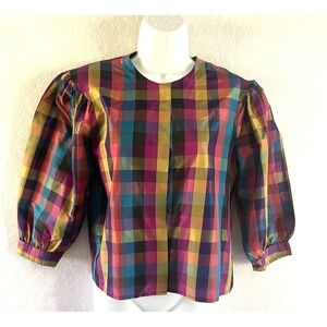 Vtg 80's Plaid Colorful Puff Sleeves Paula Saker 100% Silk Blouse Maximalist